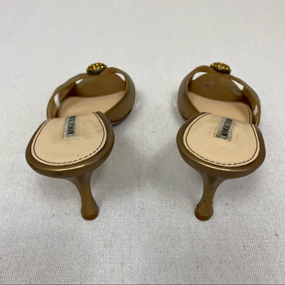 Manolo Blahnik Gold Leather Embellished Slide Sandals - Picture 4 of 9